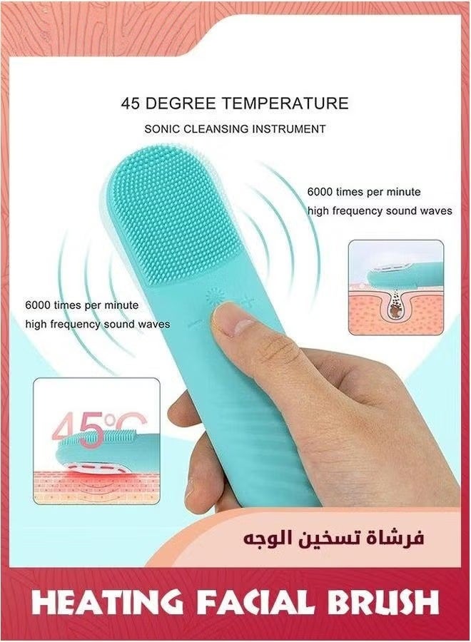فرشاة تنظيف الوجه الصوتية,قوة الوجه المكرر مع 5 أوضاع السرعة,مقاومة للماء 3 في 1 أنيون استيراد 45 ℃ التدليك التدفئة,فرشاة السيليكون القابلة لإعادة الشحن USB,الأزرق - Image 2